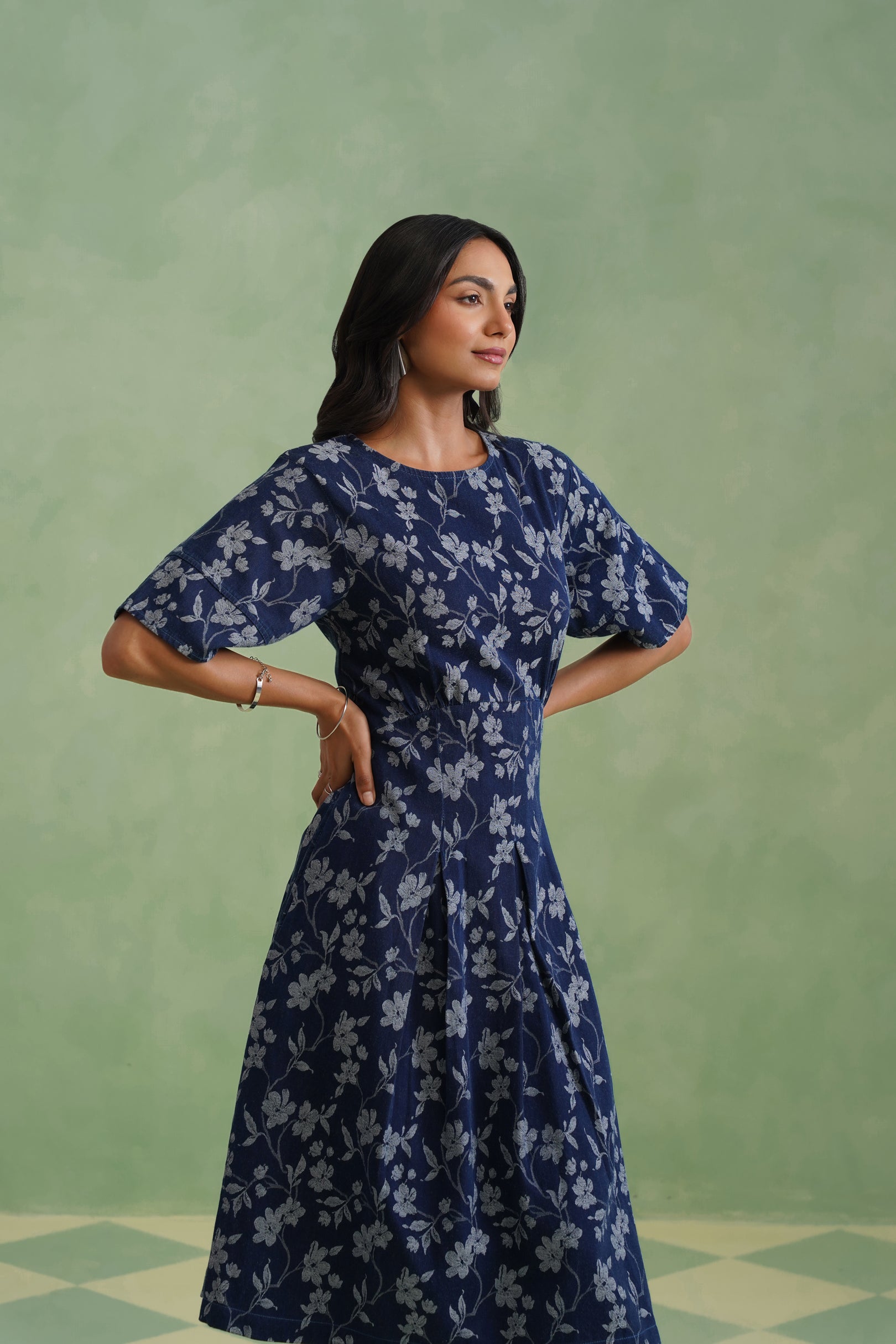 Indigo Floral Flared Jacquard Denim Midi Dress Korah Stitch