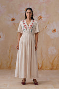 Ivory Floral Cross-Stitch Embroidered Maxi Dress - Korah Stitch
