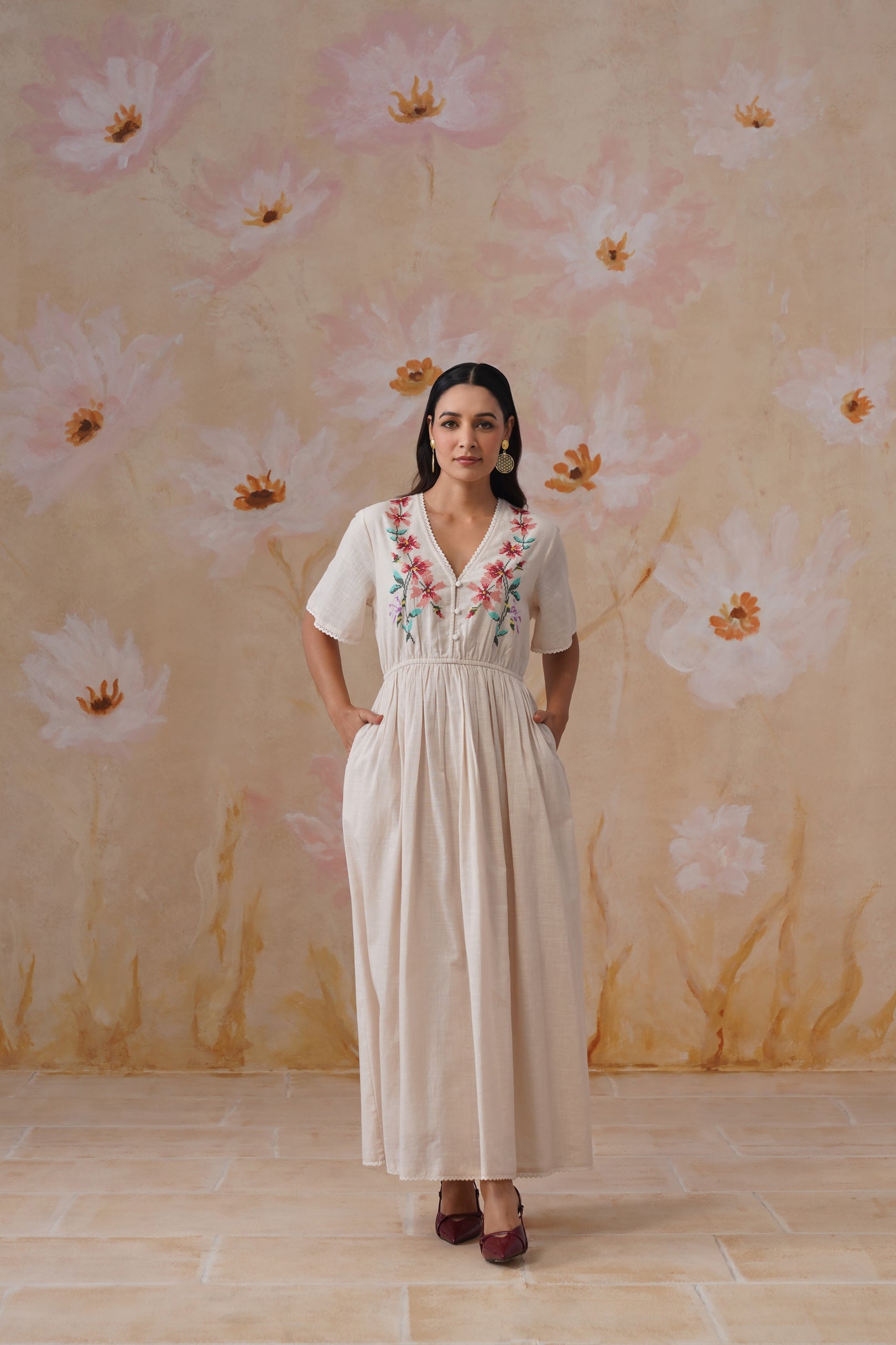 Ivory Floral Cross-Stitch Embroidered Maxi Dress - Korah Stitch