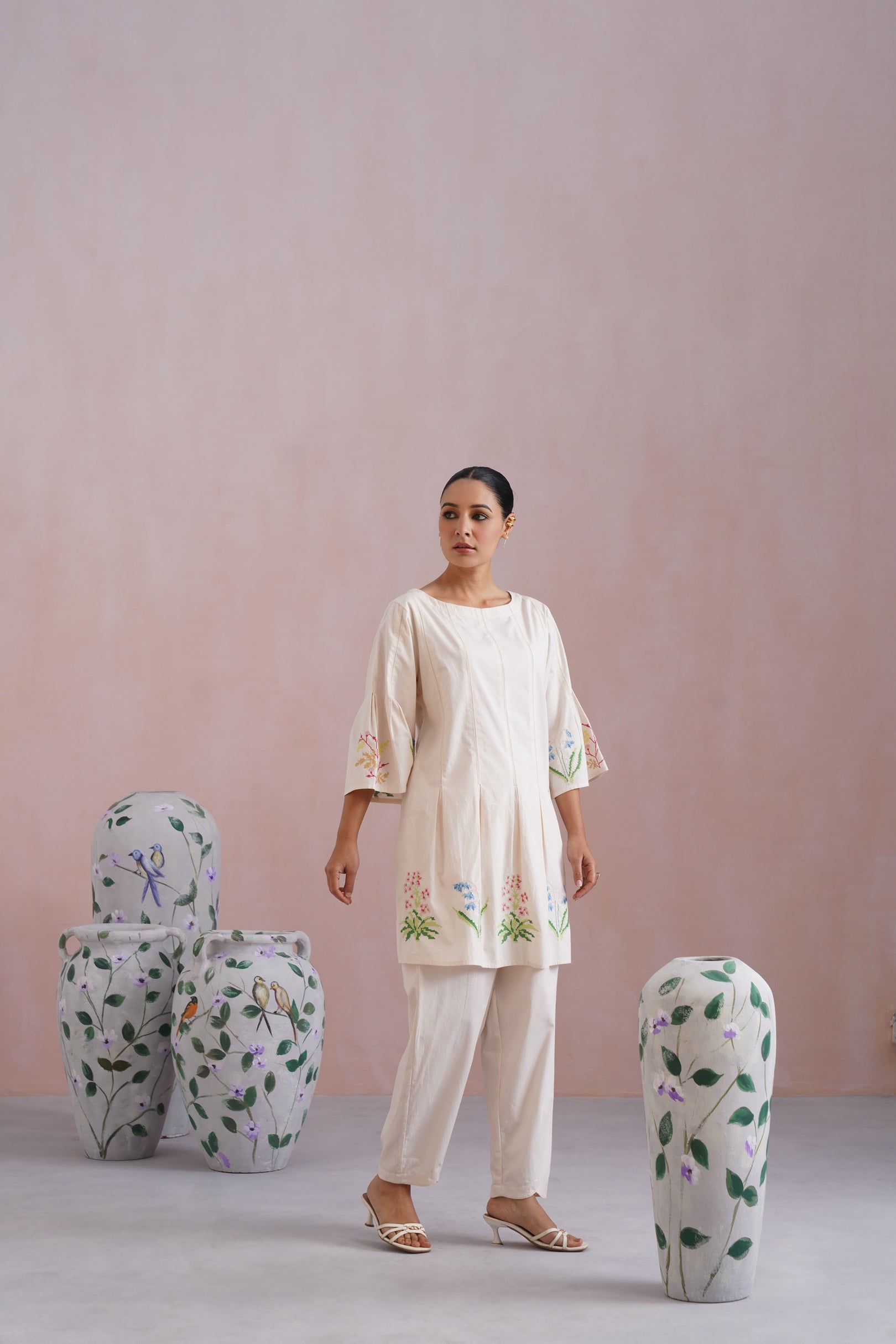 Ivory Floral Cross Stitched Embroidered Kurta Set Korah Stitch