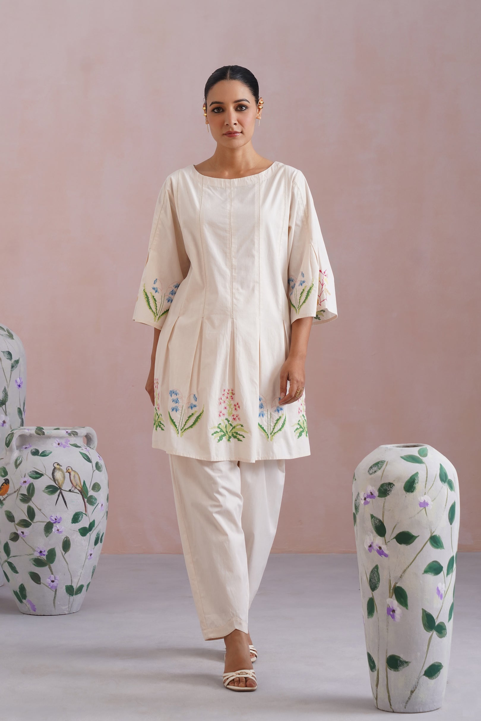 Ivory Floral Cross Stitched Embroidered Kurta Set Korah Stitch