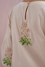 Ivory Floral Cross Stitched Embroidered Kurta Set Korah Stitch