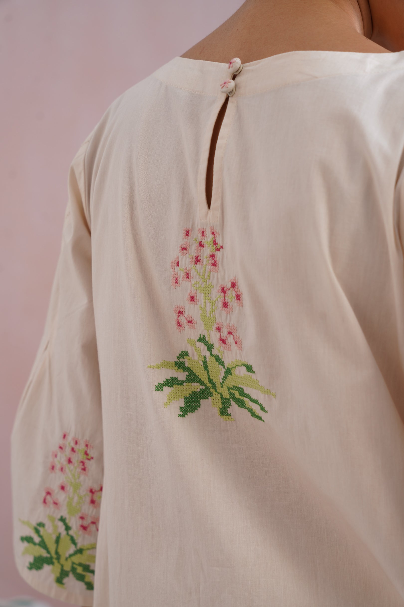 Ivory Floral Cross Stitched Embroidered Kurta Set Korah Stitch