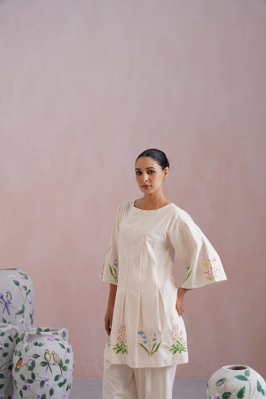 Ivory Floral Cross Stitched Embroidered Kurta Set Korah Stitch