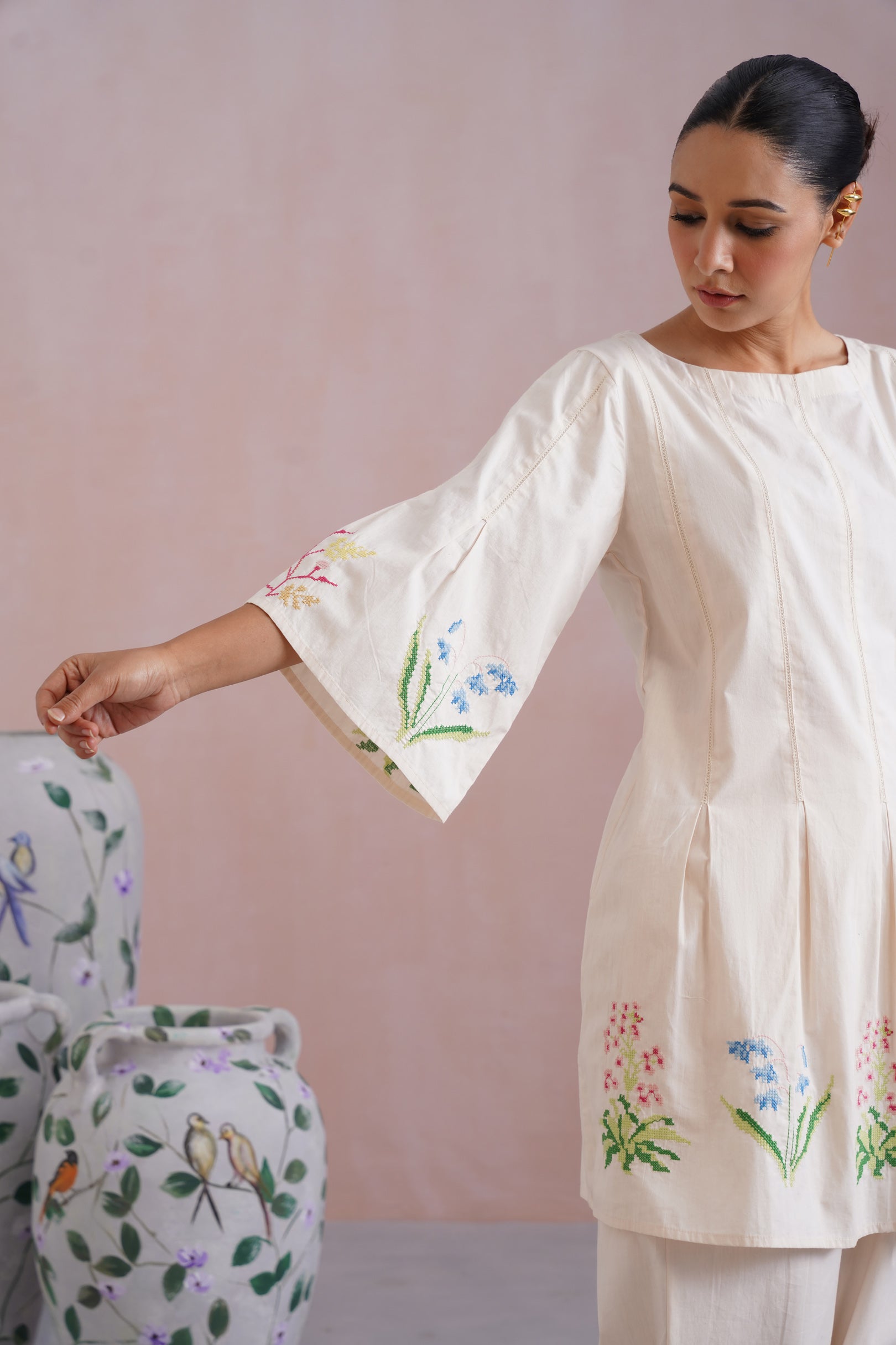 Ivory Floral Cross Stitched Embroidered Kurta Set Korah Stitch