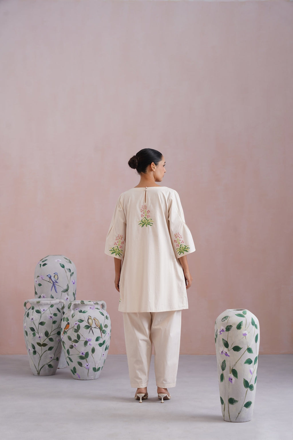 Ivory Floral Cross Stitched Embroidered Kurta Set Korah Stitch