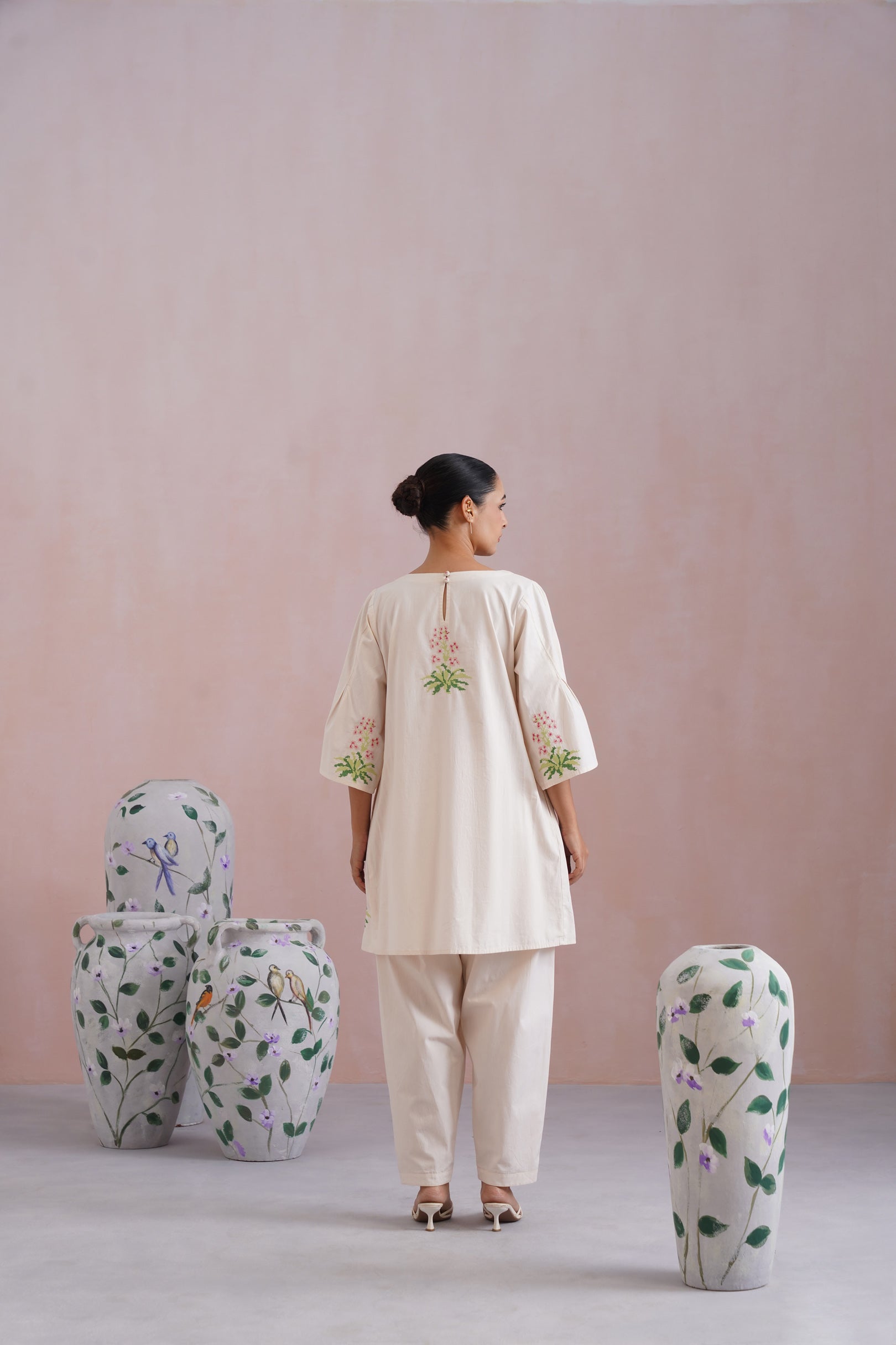 Ivory Floral Cross Stitched Embroidered Kurta Set Korah Stitch