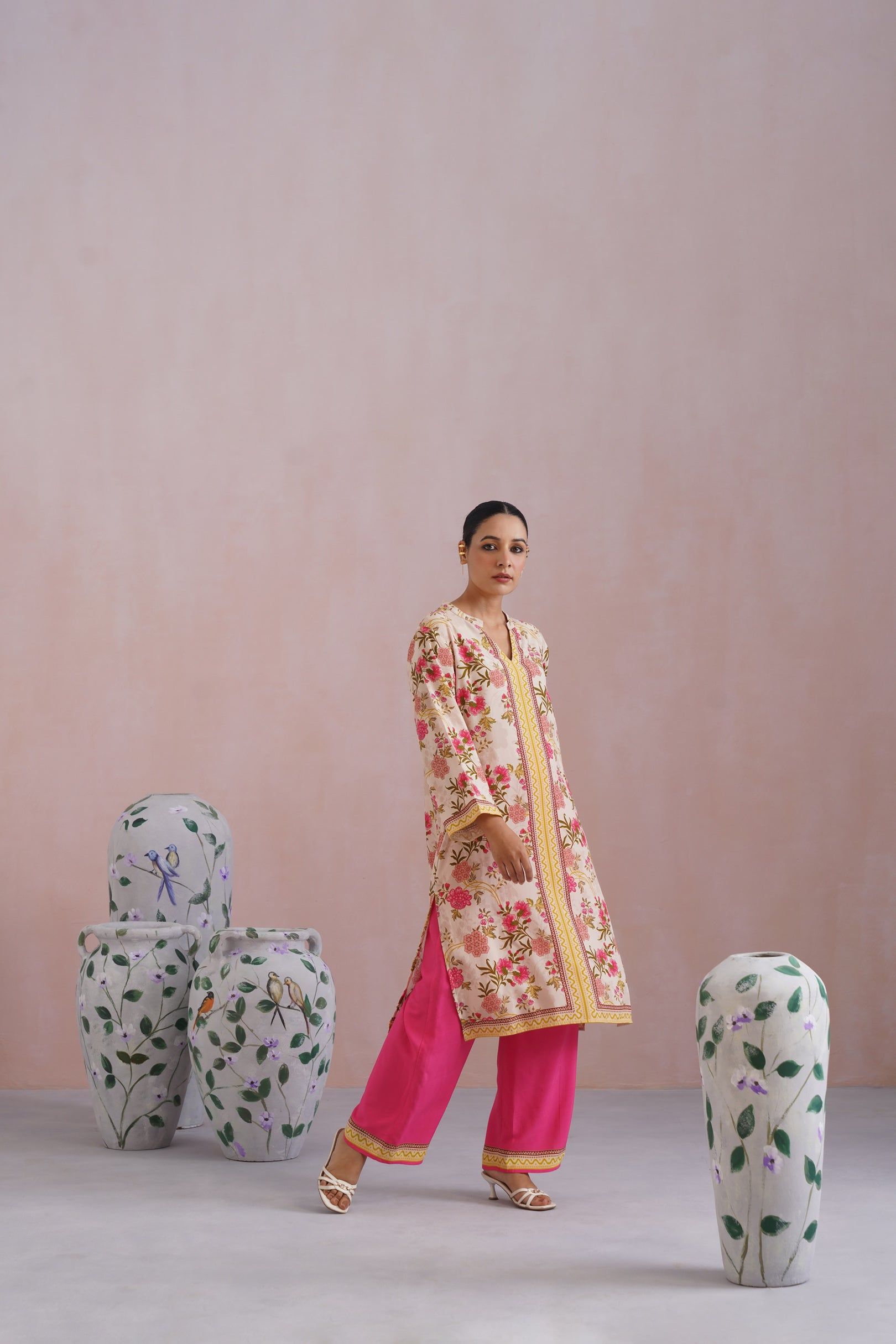 Ivory & Hot Pink Floral Digital Placement Printed Kurta Set Korah Stitch
