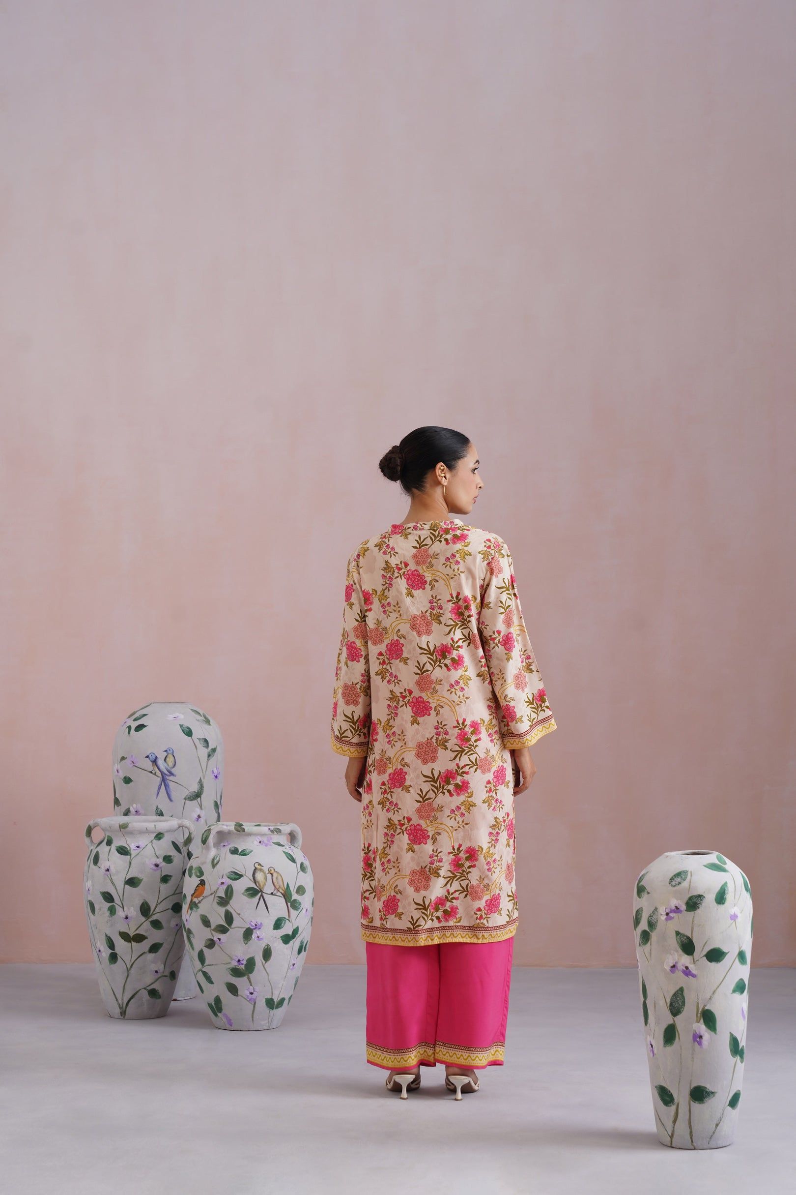 Ivory & Hot Pink Floral Digital Placement Printed Kurta Set Korah Stitch