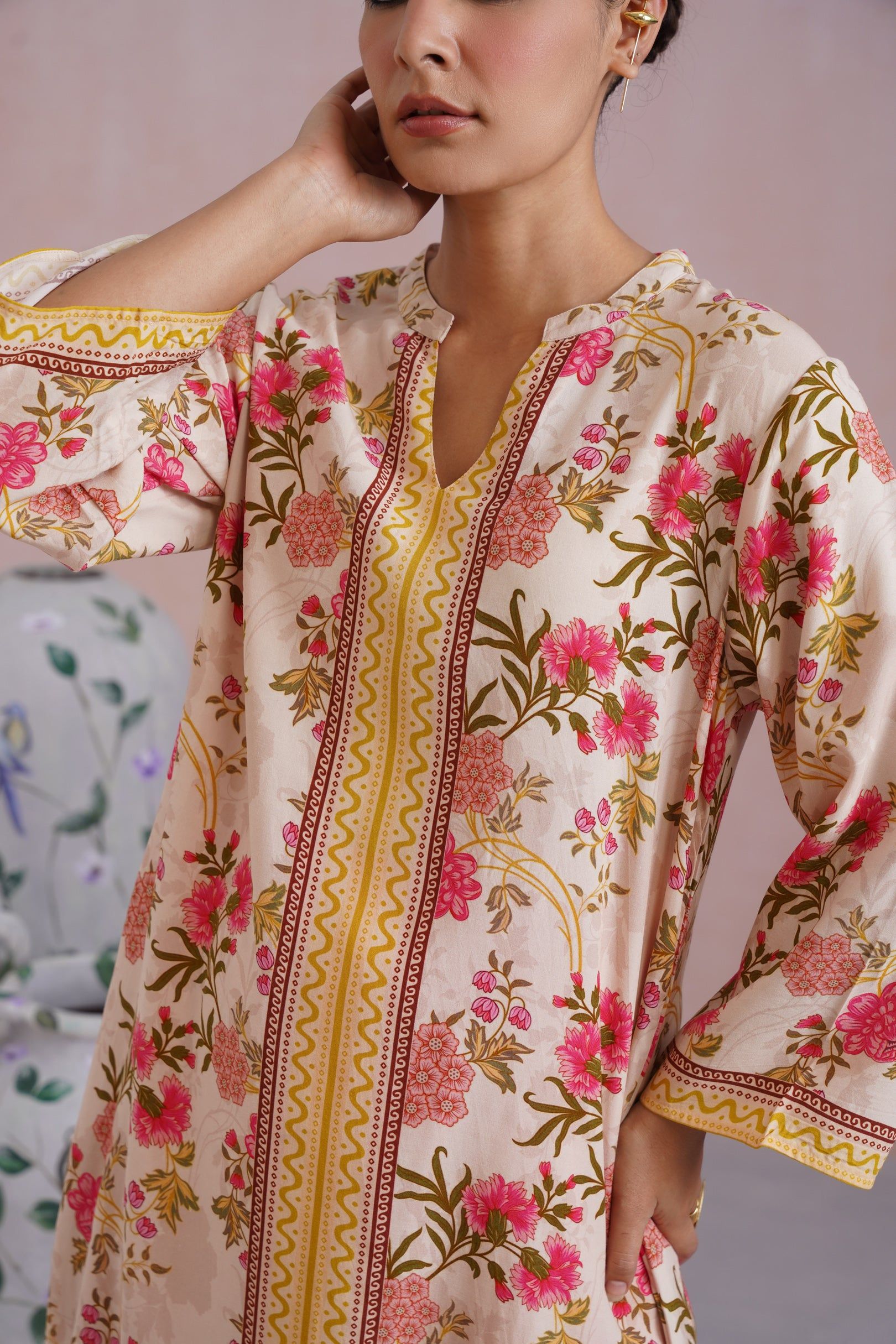 Ivory & Hot Pink Floral Digital Placement Printed Kurta Set Korah Stitch
