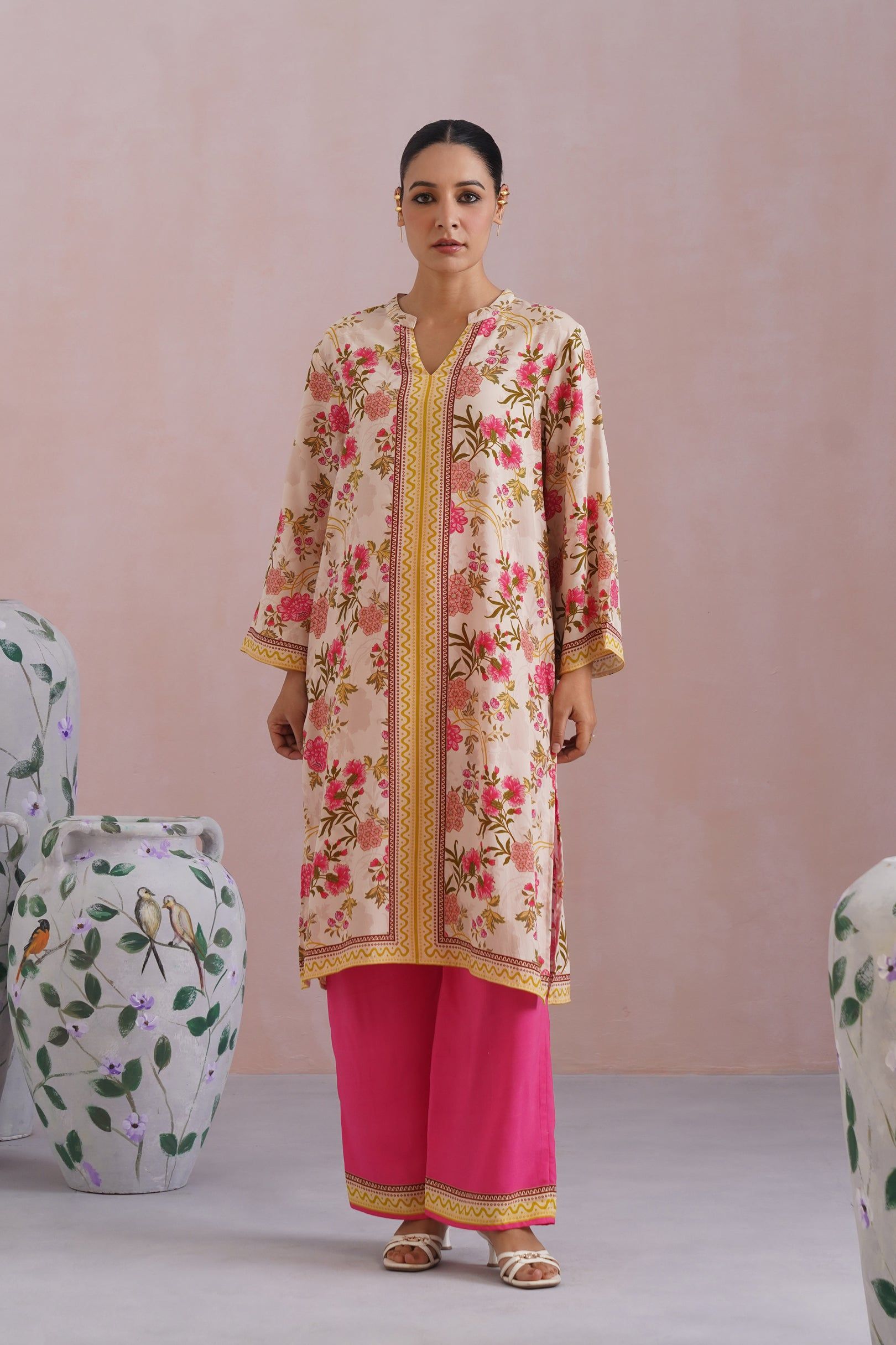 Ivory & Hot Pink Floral Digital Placement Printed Kurta Set Korah Stitch