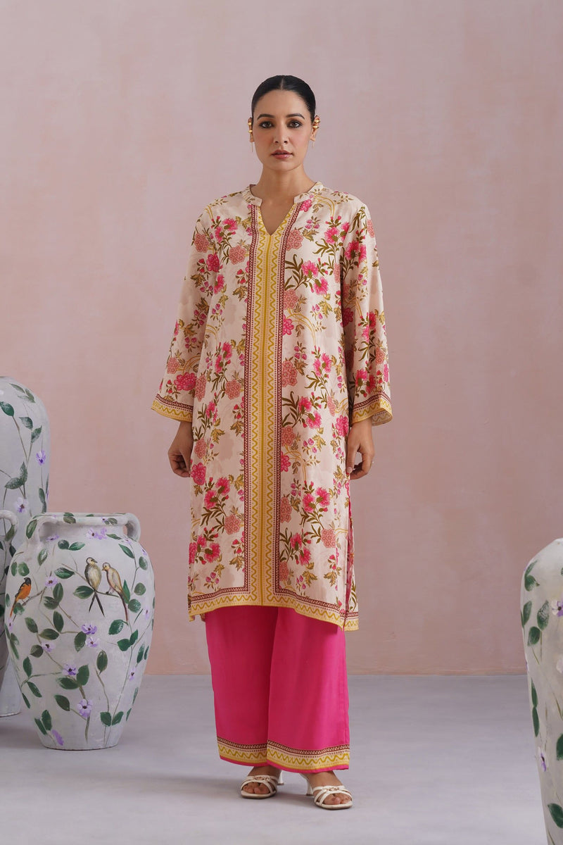 Ivory & Hot Pink Floral Digital Placement Printed Kurta Set Korah Stitch