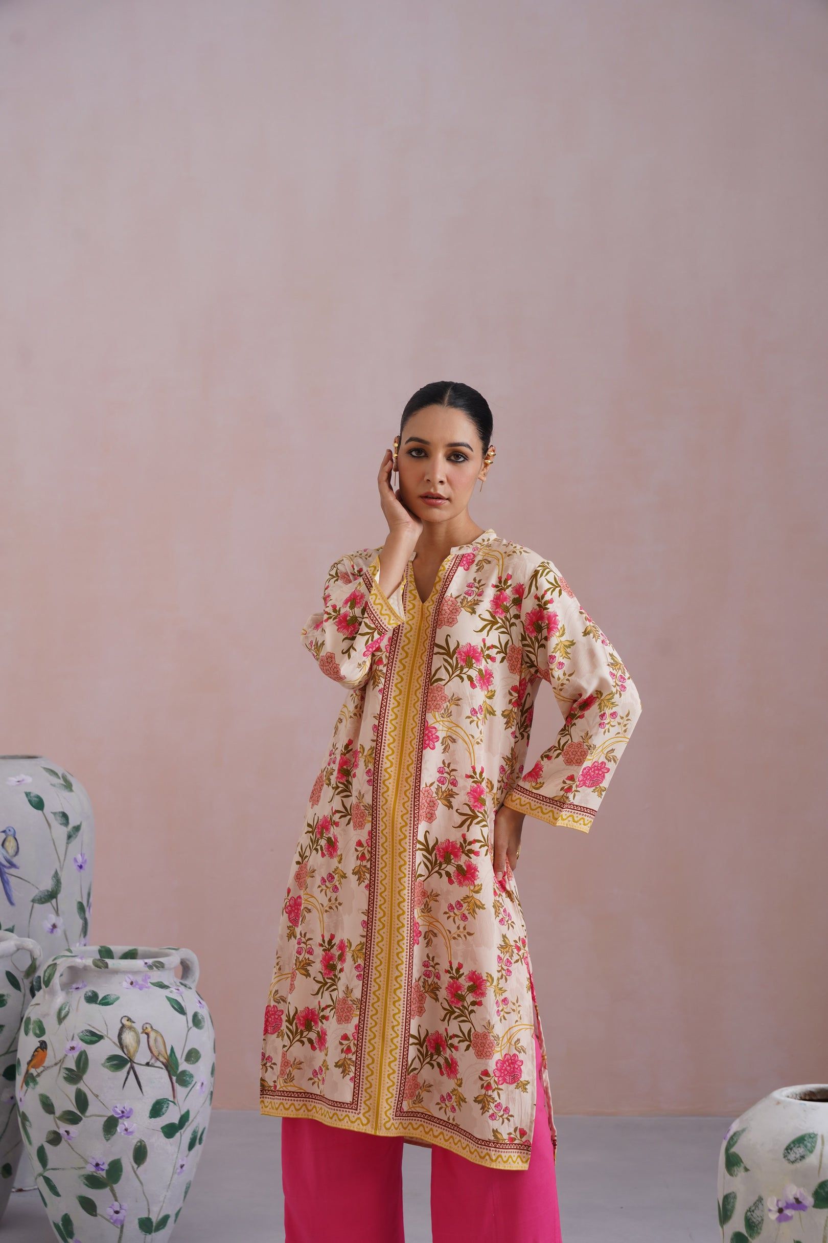 Ivory & Hot Pink Floral Digital Placement Printed Kurta Set Korah Stitch