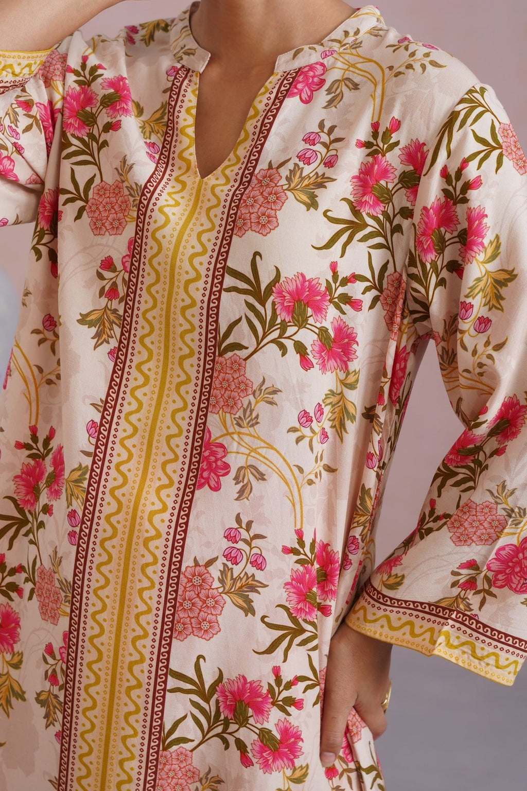 Ivory & Hot Pink Floral Digital Placement Printed Kurta Set Korah Stitch