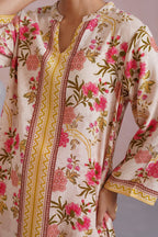Ivory & Hot Pink Floral Digital Placement Printed Kurta Set Korah Stitch