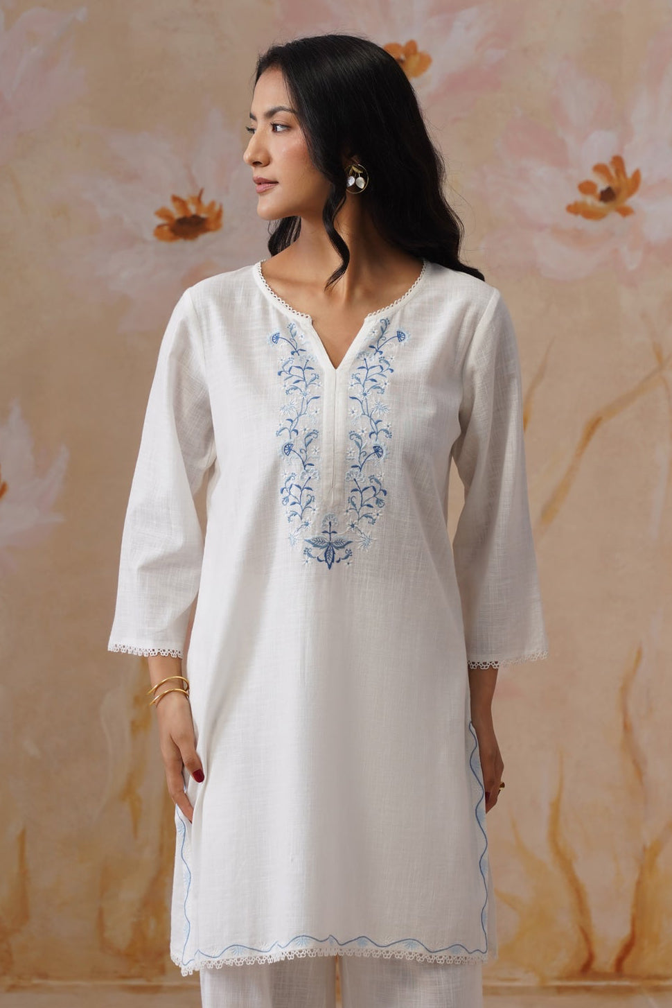 Leeza in White Embroidered Kurta Set With Lace Detailing Korah Stitch