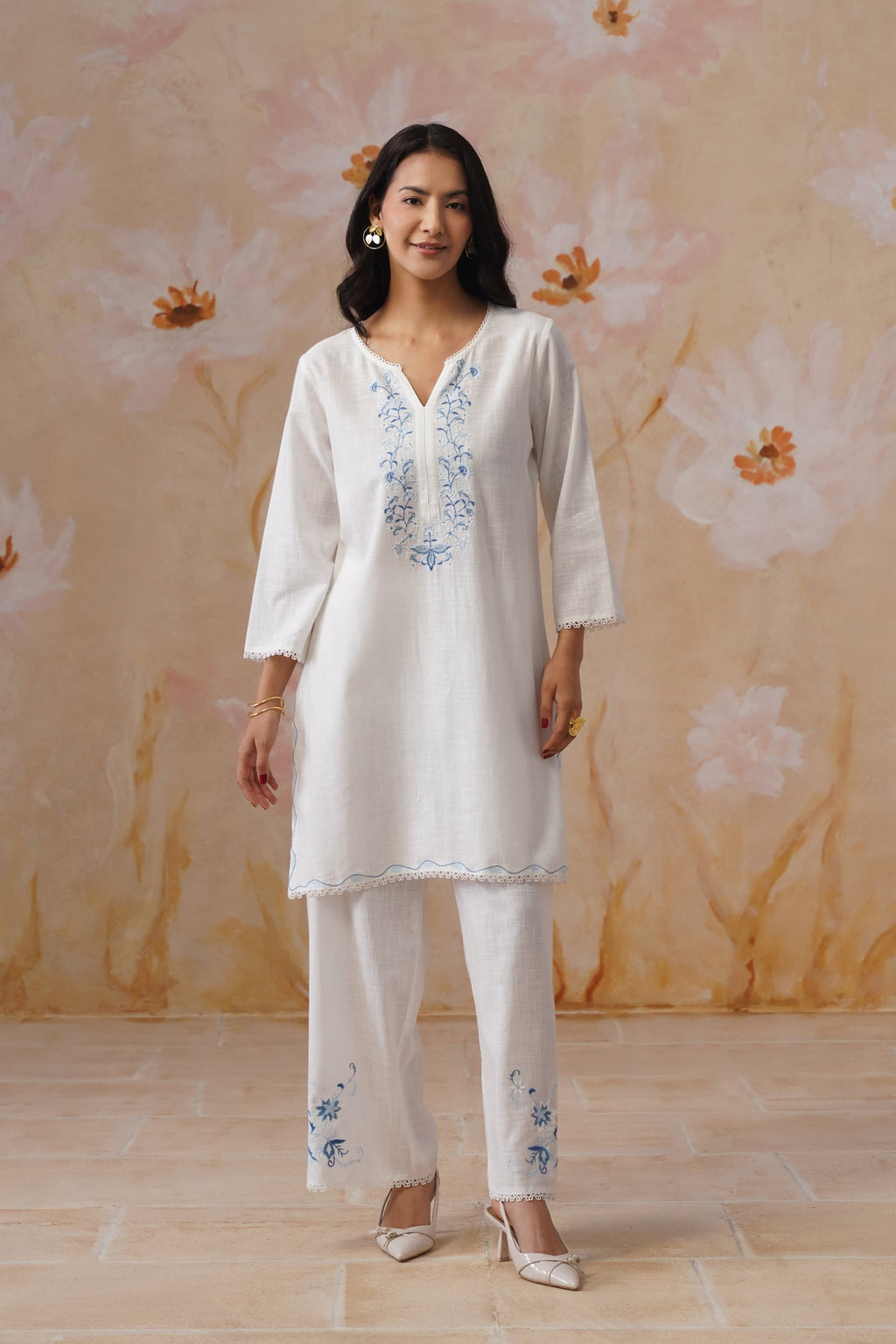 Leeza in White Embroidered Kurta Set With Lace Detailing Korah Stitch