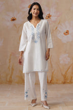 Leeza in White Embroidered Kurta Set With Lace Detailing Korah Stitch