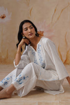 Leeza in White Embroidered Kurta Set With Lace Detailing Korah Stitch