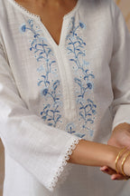 Leeza in White Embroidered Kurta Set With Lace Detailing Korah Stitch