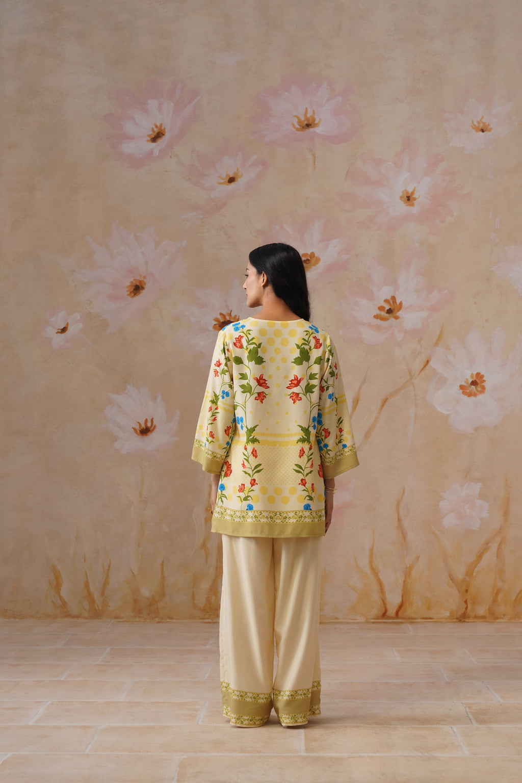 Leeza in Yellow Botanical Digital Placement Printed Co-Ord Set Korah Stitch