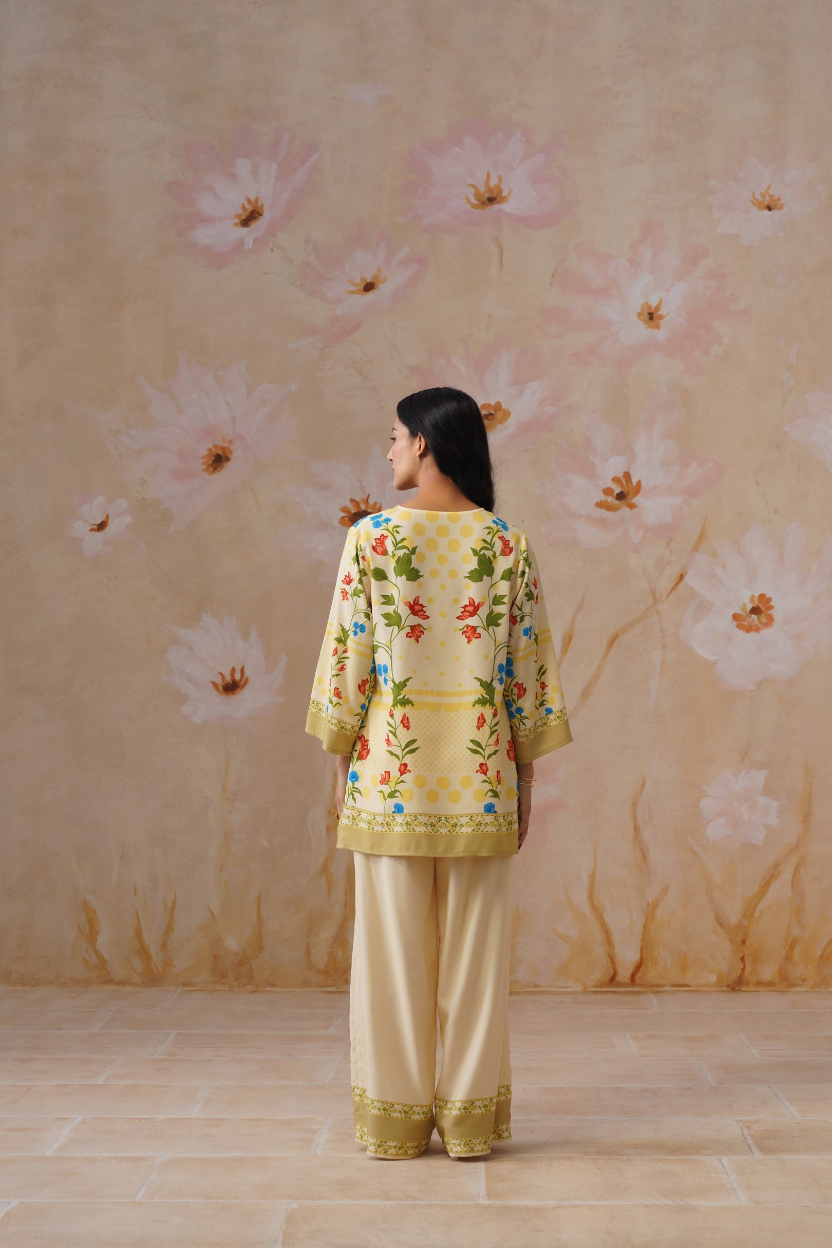 Leeza in Yellow Botanical Digital Placement Printed Co-Ord Set Korah Stitch