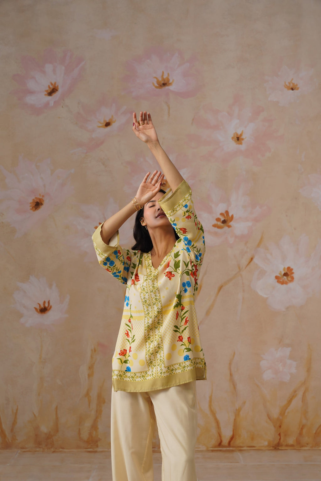 Leeza in Yellow Botanical Digital Placement Printed Co-Ord Set Korah Stitch
