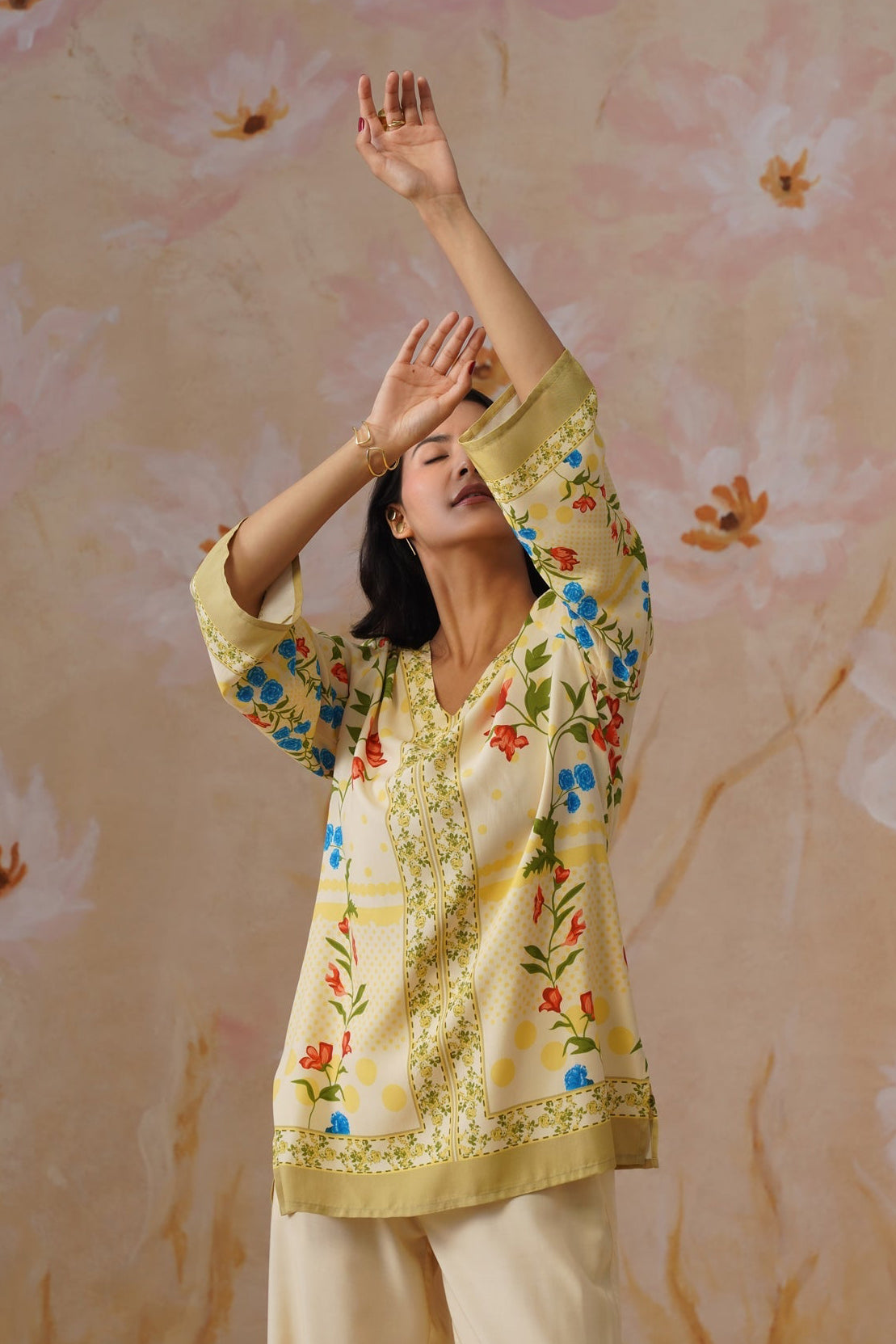 Leeza in Yellow Botanical Digital Placement Printed Co-Ord Set Korah Stitch