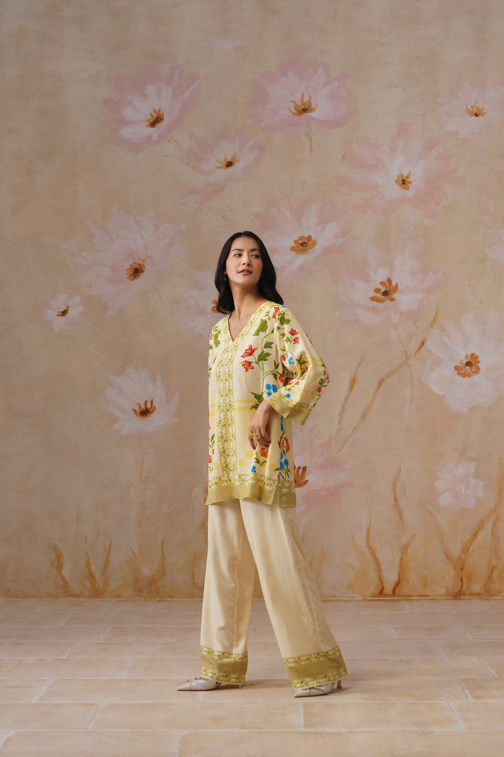 Leeza in Yellow Botanical Digital Placement Printed Co-Ord Set Korah Stitch