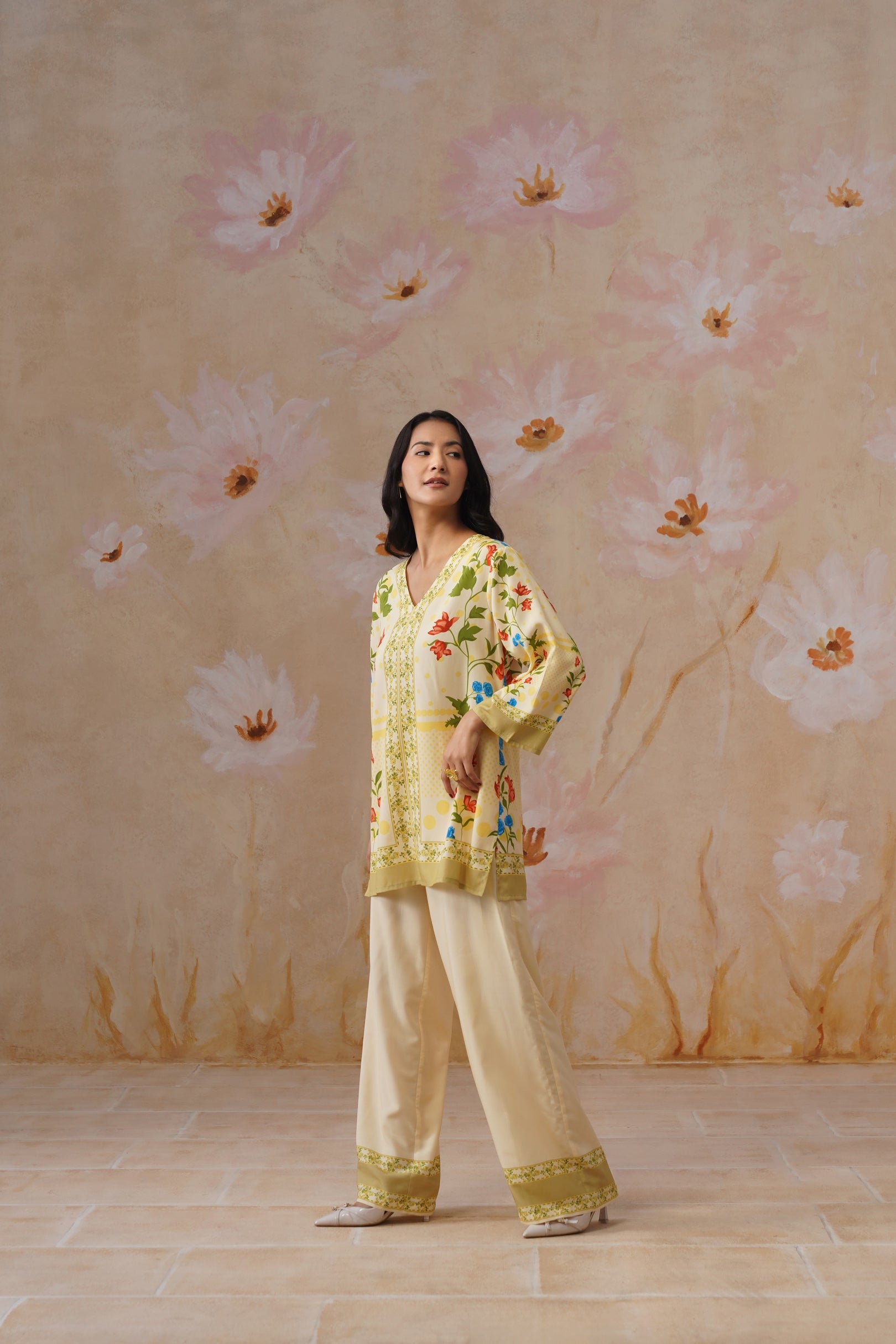 Leeza in Yellow Botanical Digital Placement Printed Co-Ord Set Korah Stitch