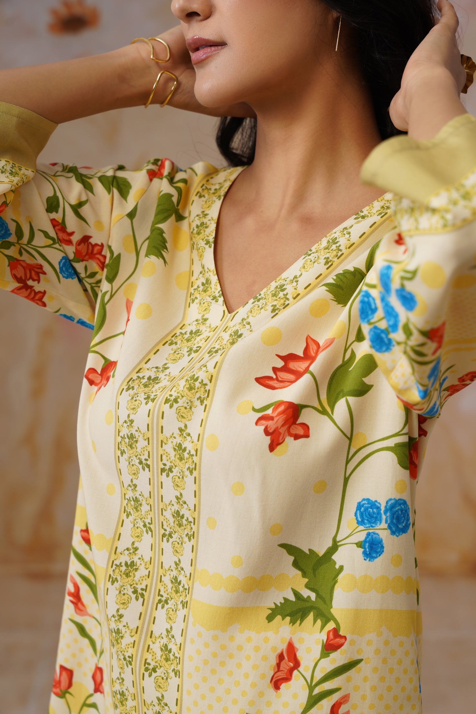 Leeza in Yellow Botanical Digital Placement Printed Co-Ord Set Korah Stitch