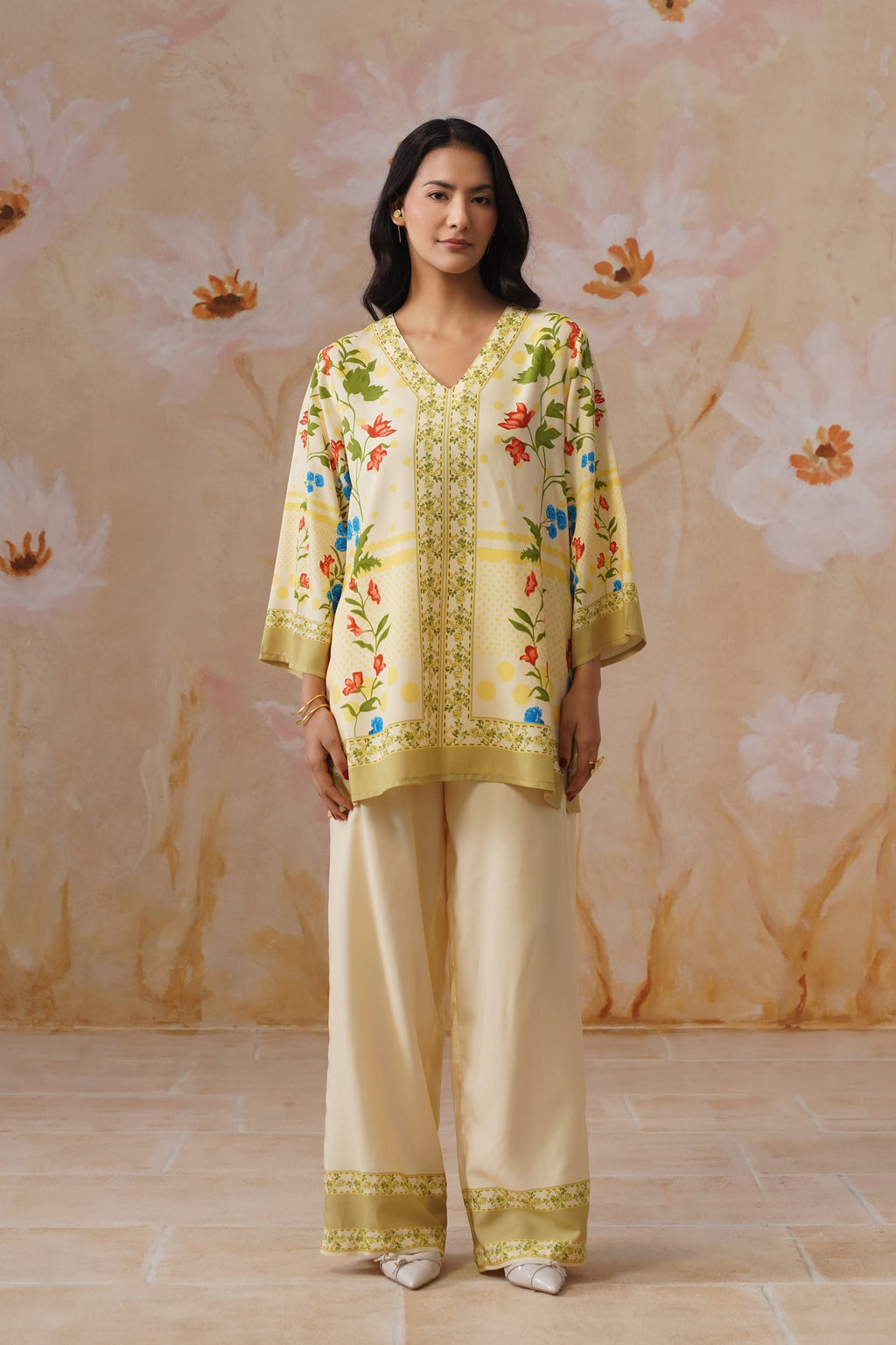 Leeza in Yellow Botanical Digital Placement Printed Co-Ord Set Korah Stitch