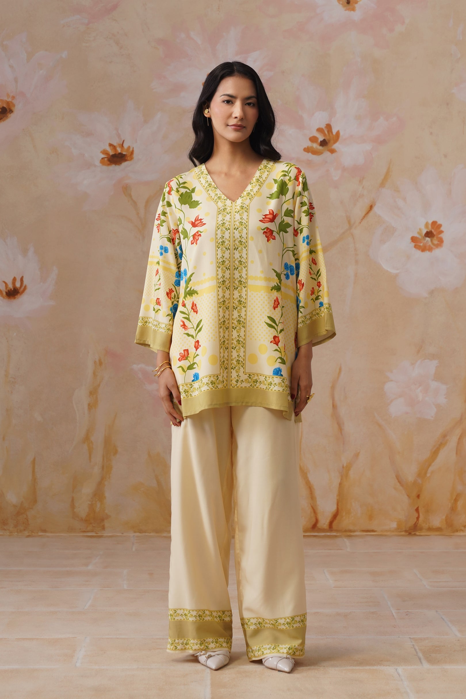 Leeza in Yellow Botanical Digital Placement Printed Co-Ord Set Korah Stitch