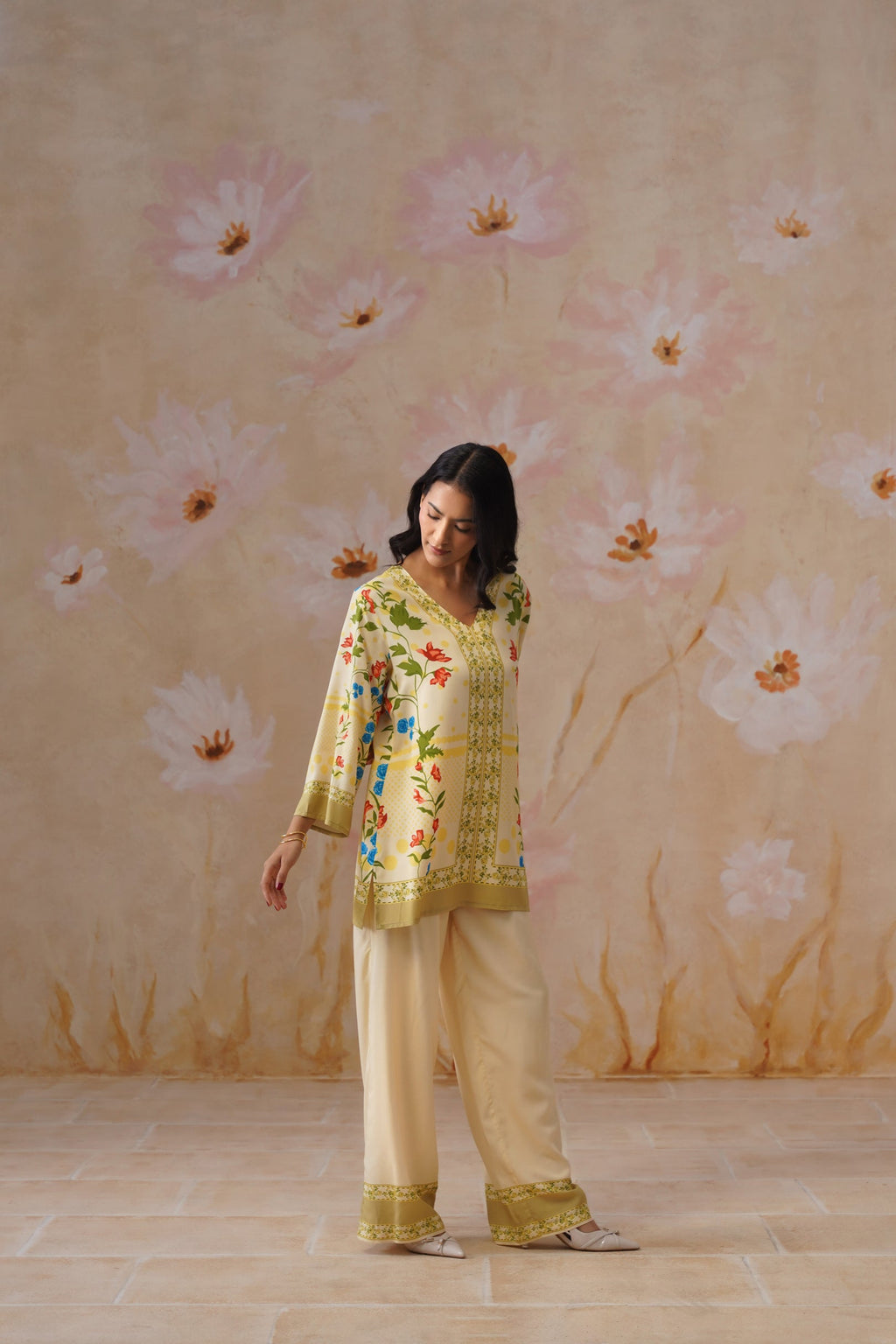 Leeza in Yellow Botanical Digital Placement Printed Co-Ord Set Korah Stitch