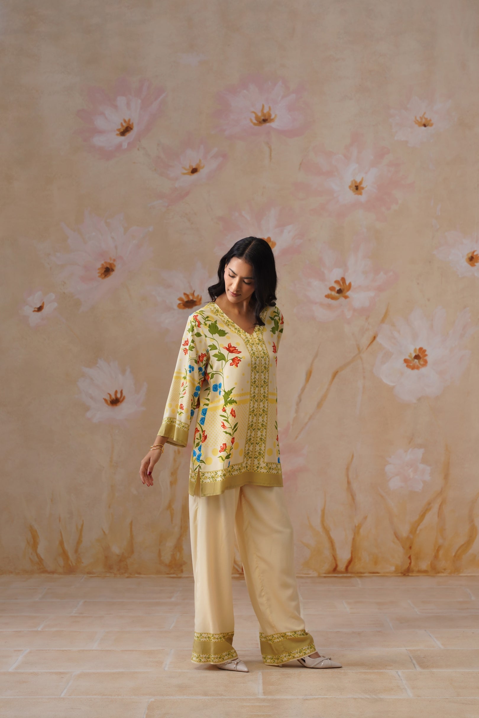 Leeza in Yellow Botanical Digital Placement Printed Co-Ord Set Korah Stitch