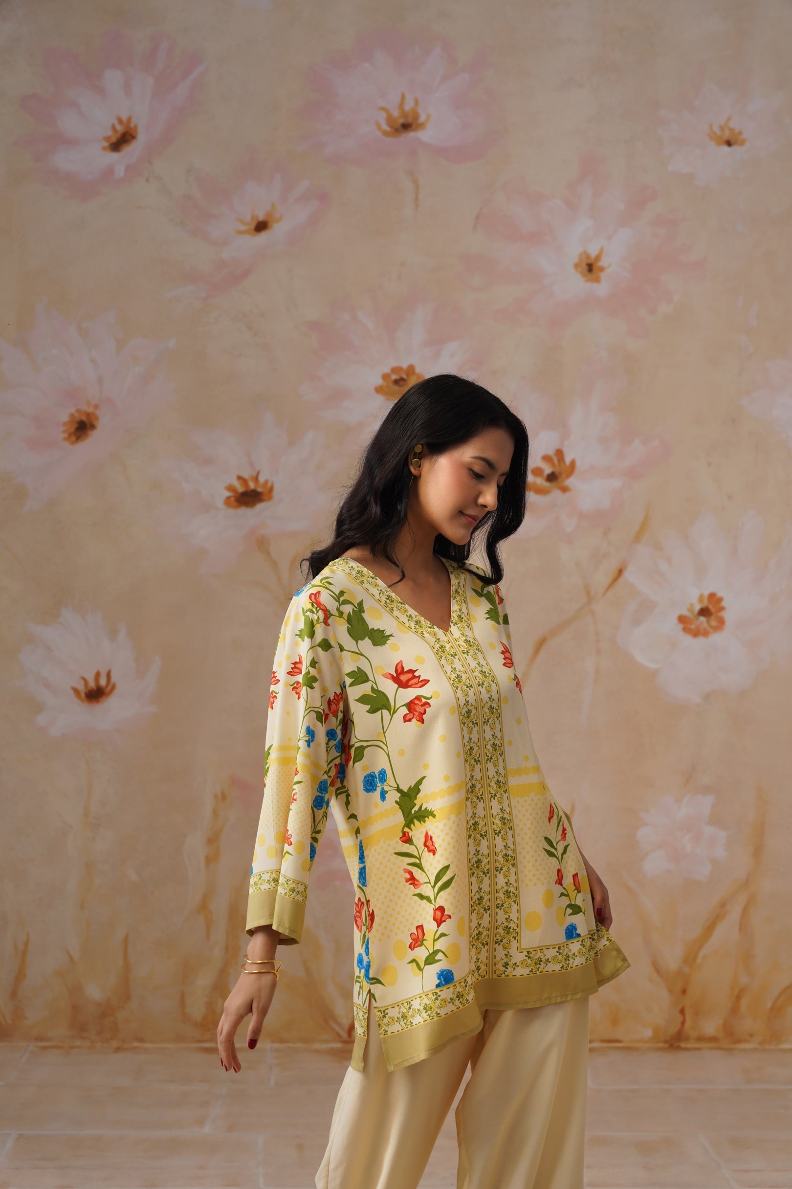Leeza in Yellow Botanical Digital Placement Printed Co-Ord Set Korah Stitch