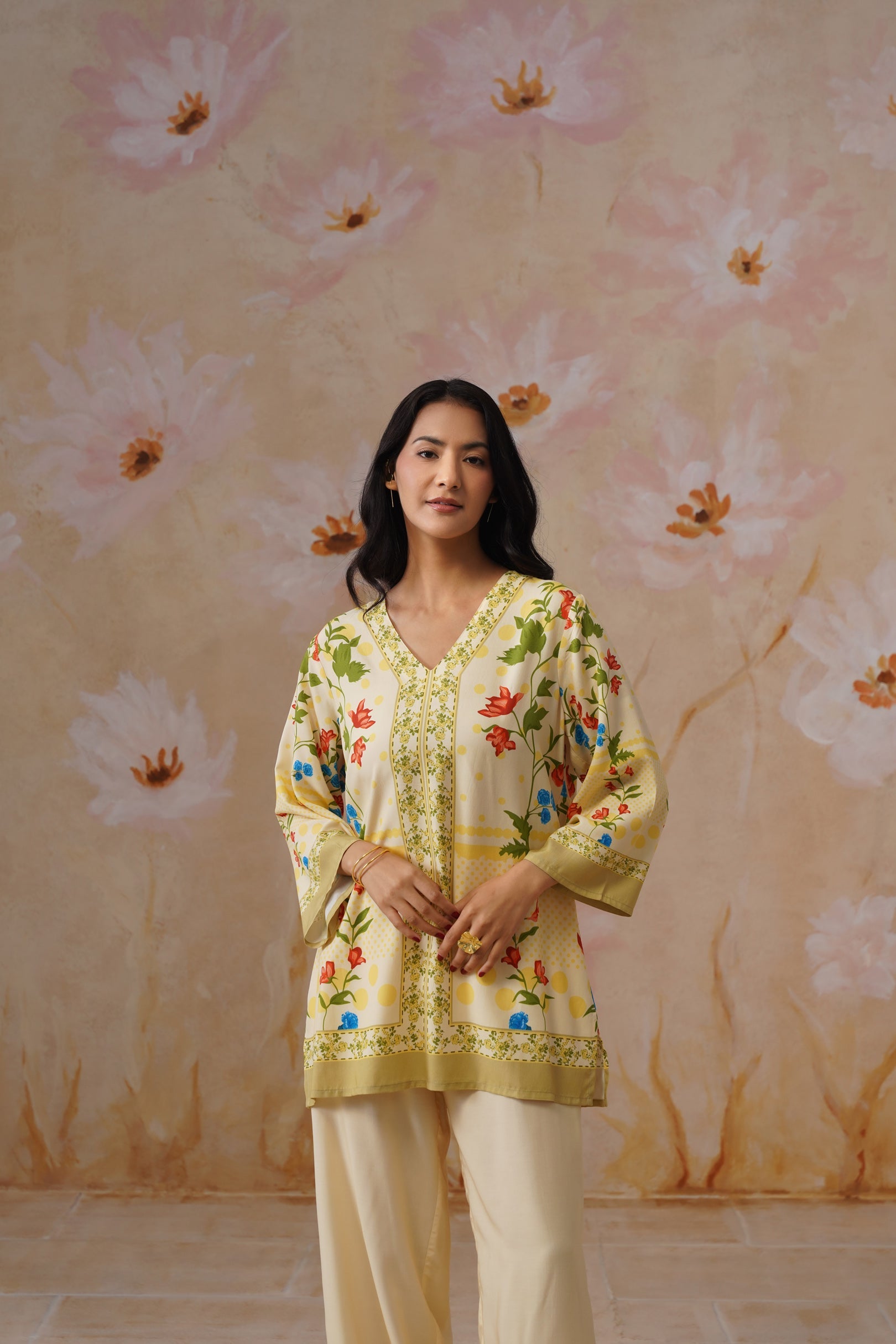 Leeza in Yellow Botanical Digital Placement Printed Co-Ord Set Korah Stitch