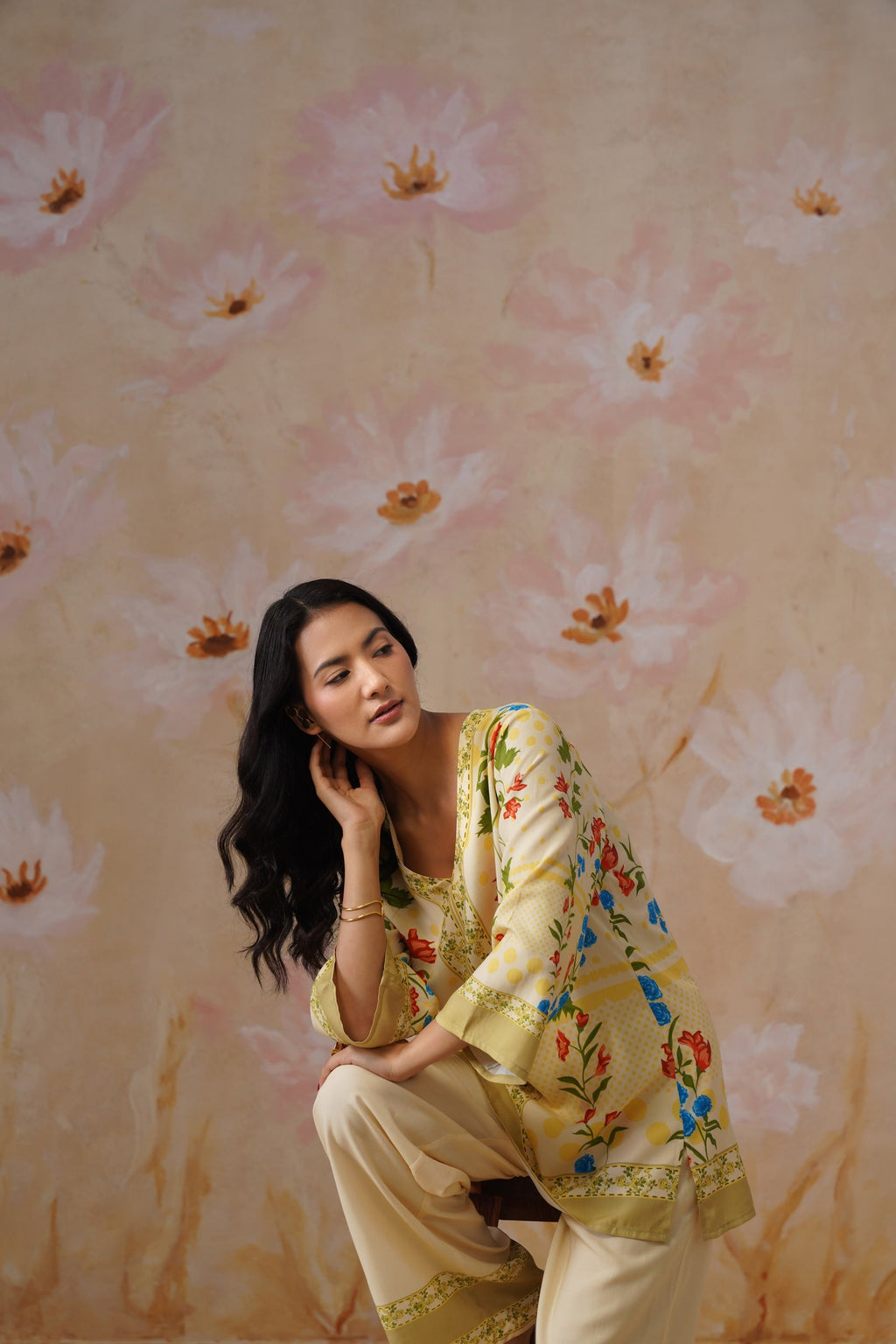 Leeza in Yellow Botanical Digital Placement Printed Co-Ord Set Korah Stitch