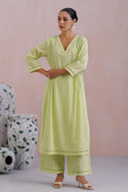 Lime Green Embroidered Kurta Set With Pintucks detailing Korah Stitch