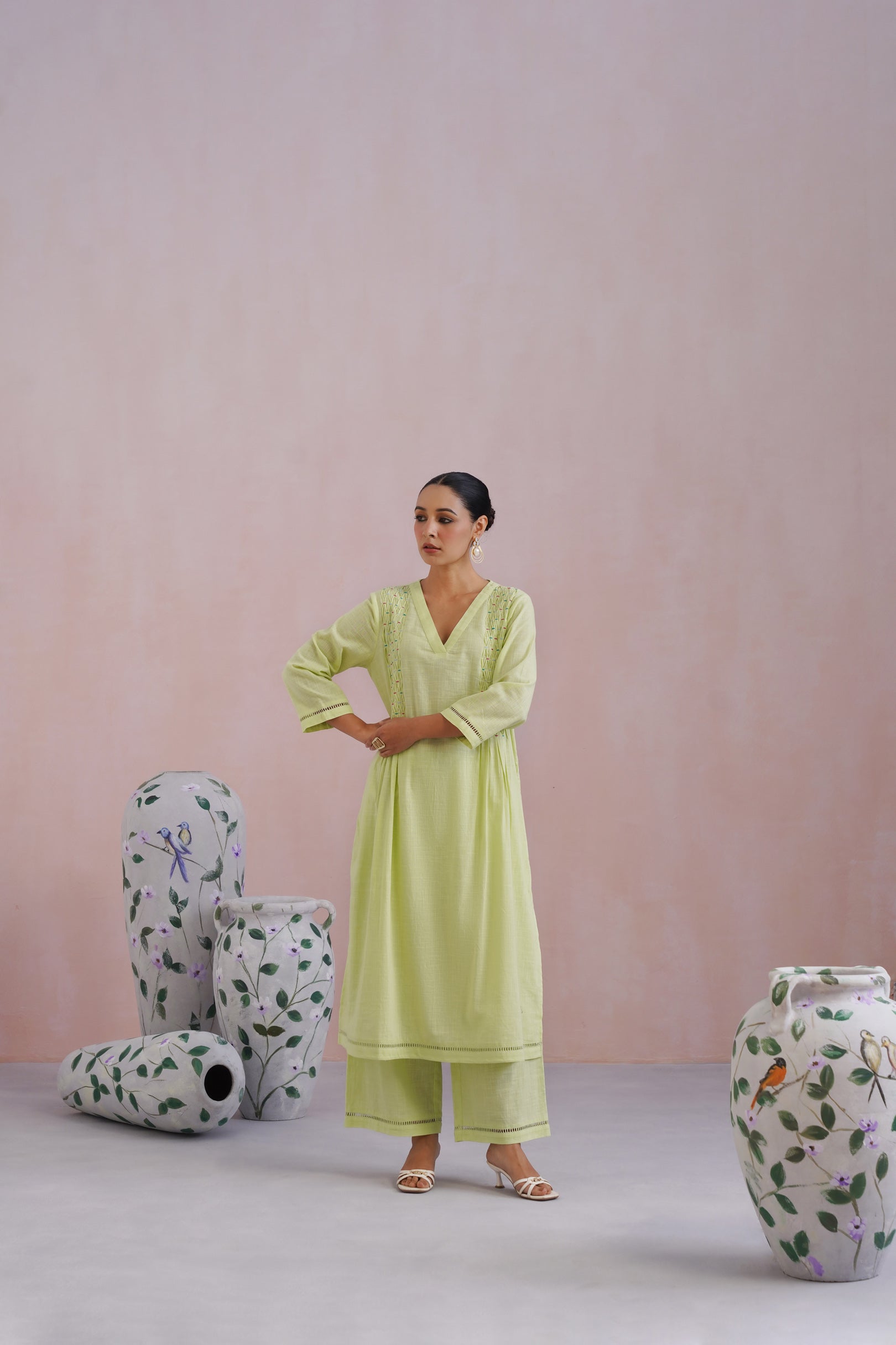 Lime Green Embroidered Kurta Set With Pintucks detailing Korah Stitch