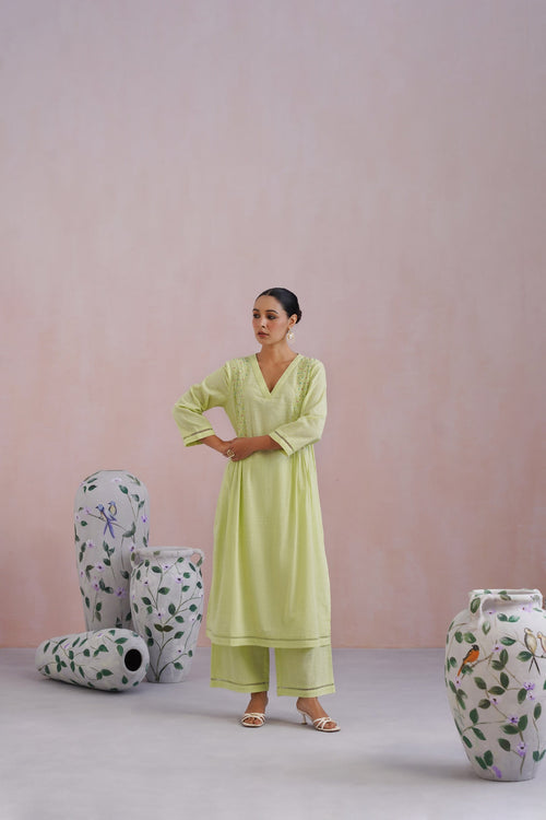Lime Green Embroidered Kurta Set With Pintucks detailing Korah Stitch