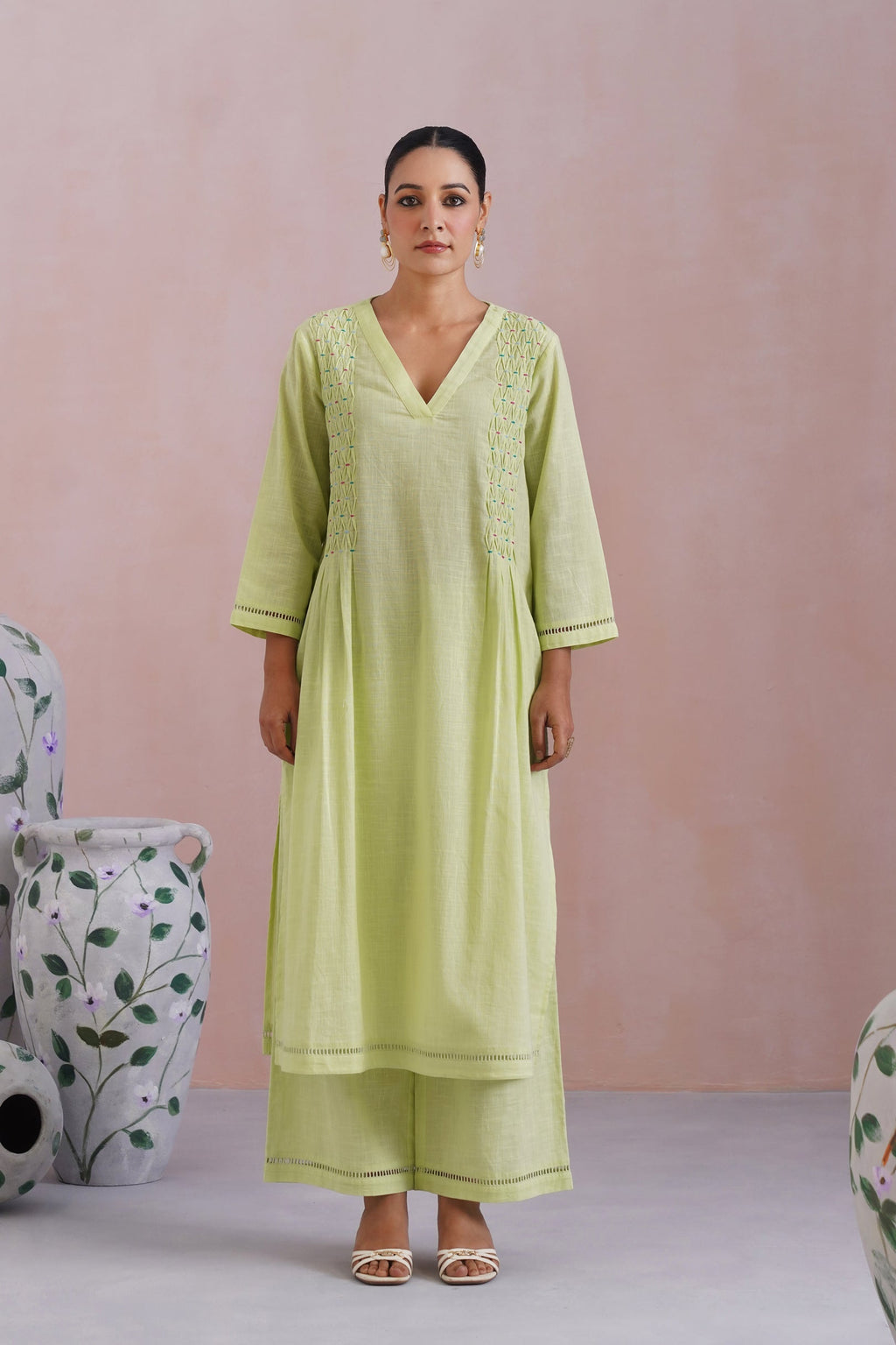 Lime Green Embroidered Kurta Set With Pintucks detailing Korah Stitch