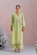 Lime Green Embroidered Kurta Set With Pintucks detailing Korah Stitch