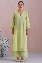Lime Green Embroidered Kurta Set With Pintucks detailing Korah Stitch