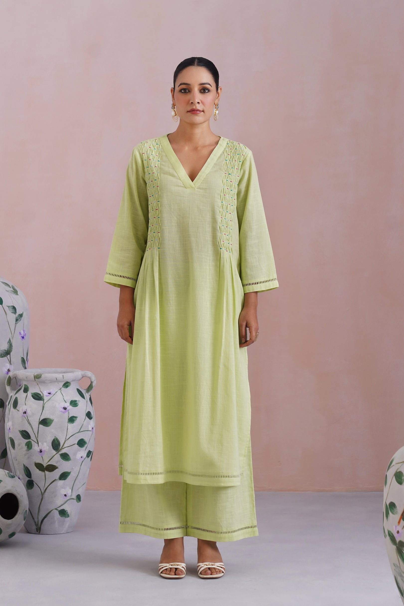 Lime Green Embroidered Kurta Set With Pintucks detailing Korah Stitch