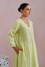 Lime Green Embroidered Kurta Set With Pintucks detailing Korah Stitch