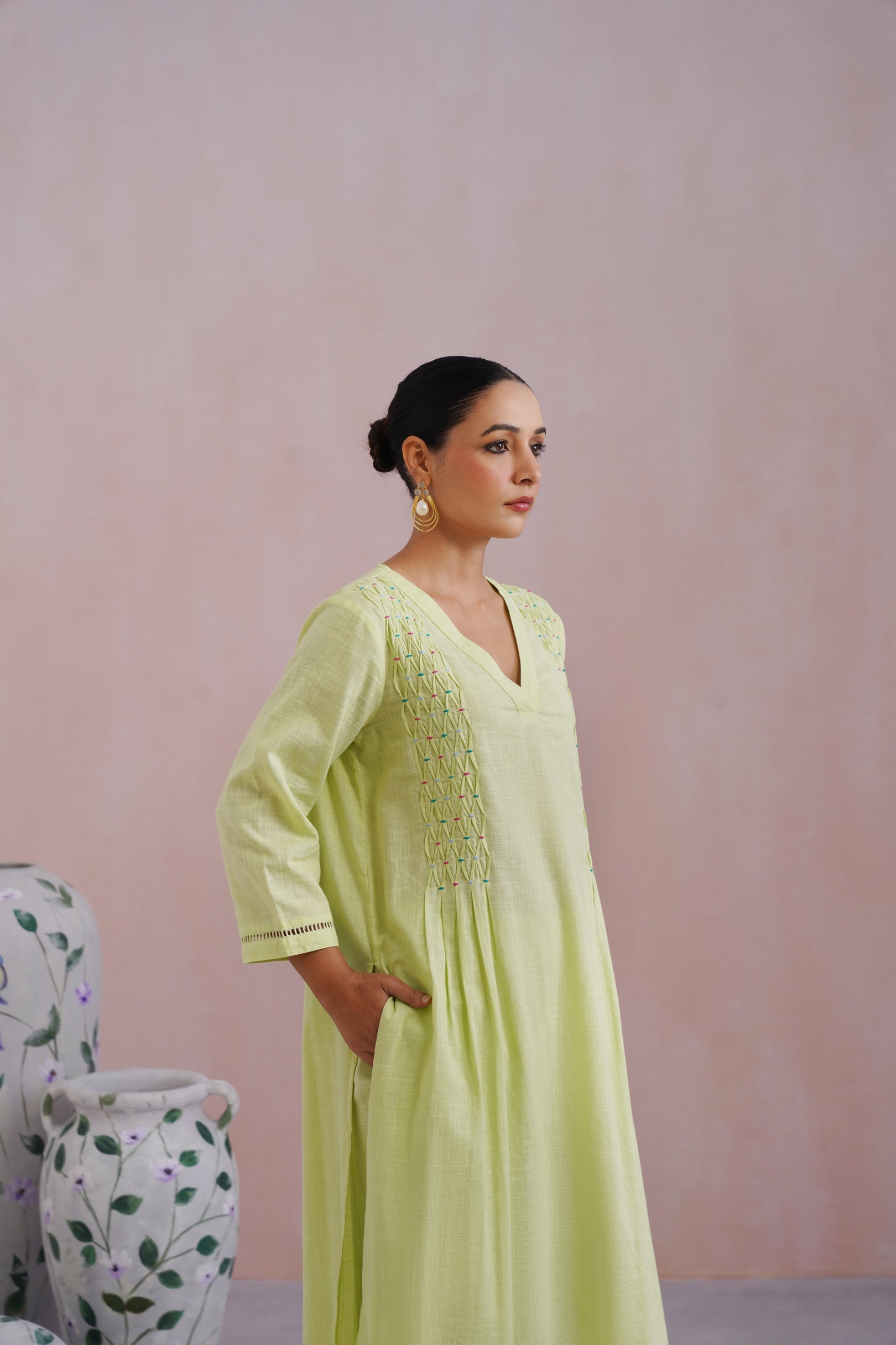 Lime Green Embroidered Kurta Set With Pintucks detailing Korah Stitch