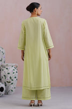 Lime Green Embroidered Kurta Set With Pintucks detailing Korah Stitch