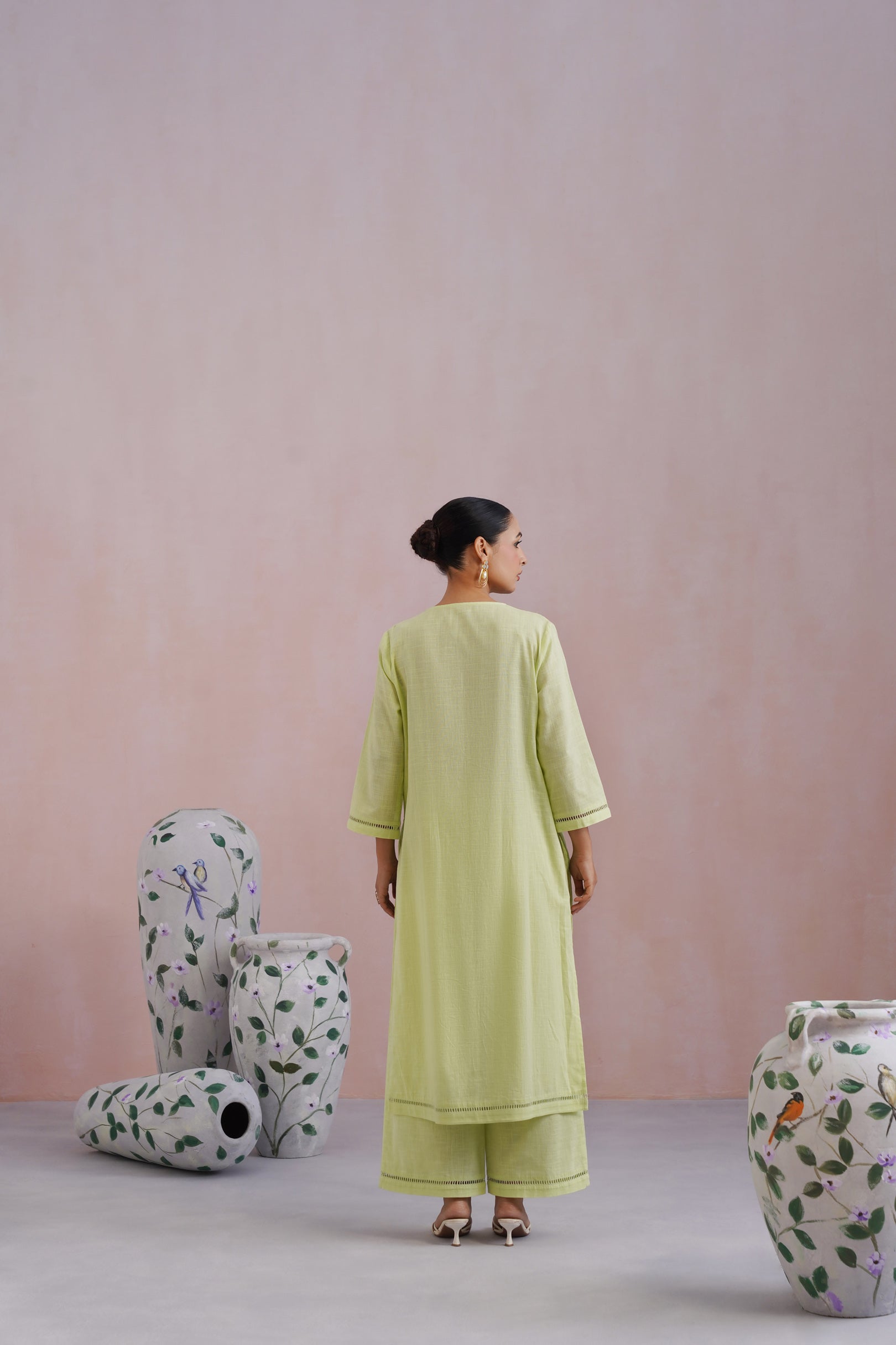 Lime Green Embroidered Kurta Set With Pintucks detailing Korah Stitch