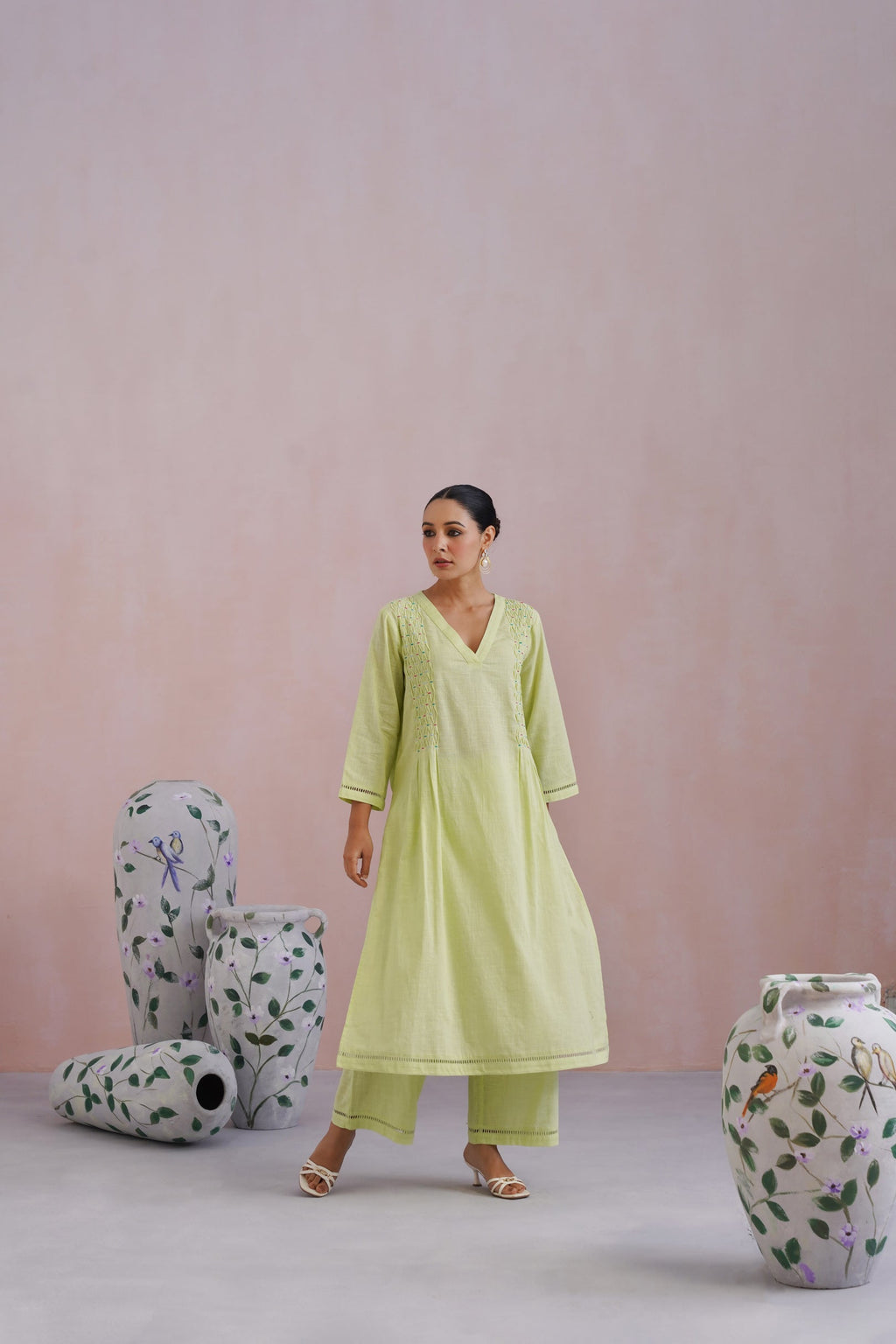 Lime Green Embroidered Kurta Set With Pintucks detailing Korah Stitch